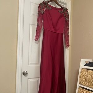 Modest Ruby Satin and Beaded Sleeve Dress (Hijabi Friendly Dress)